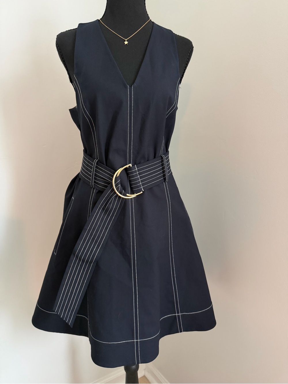 Diane von Furstenberg DVF Navy Fit & Flare Belted Dress Size 8 Contrast Stitch